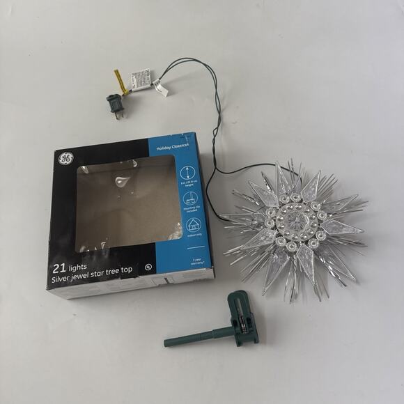 GE Silver Jewel Star Tree Topper 21 Clear Lights Green Cord 9" Christmas Holiday - Picture 1 of 11